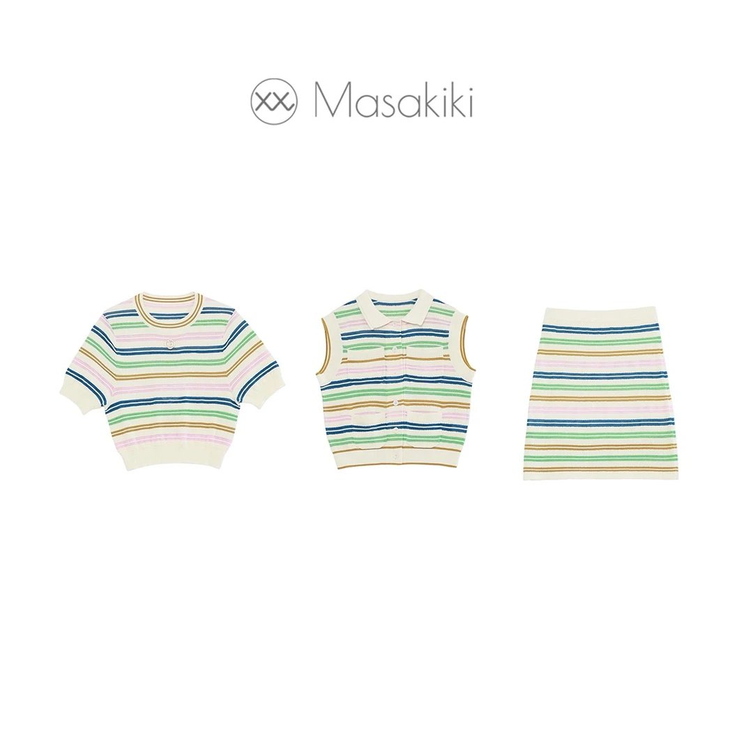 MASAKIKI 彩色条纹针织系列~POLO马甲背心+短袖+半身裙