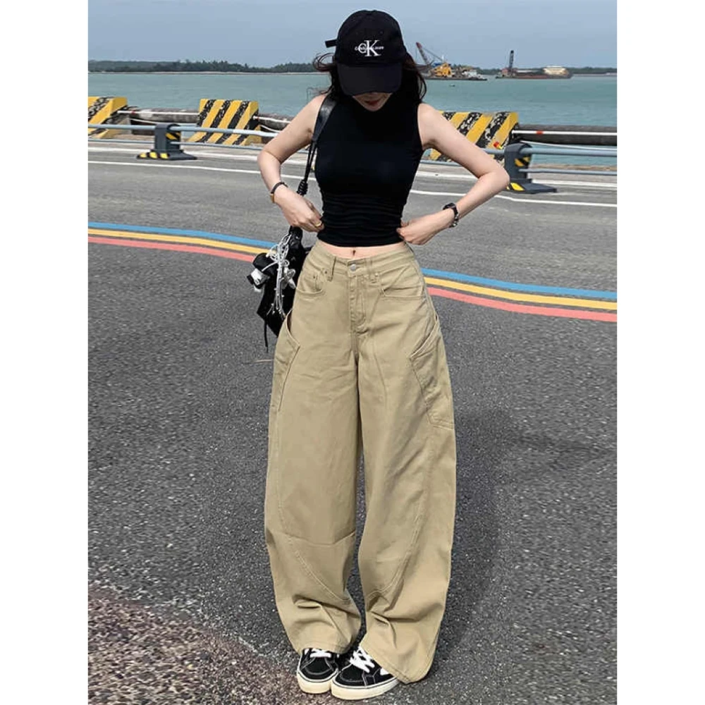 美式复古卡其色弯刀裤工装牛仔裤女秋季低腰宽松直筒阔腿镰刀裤子