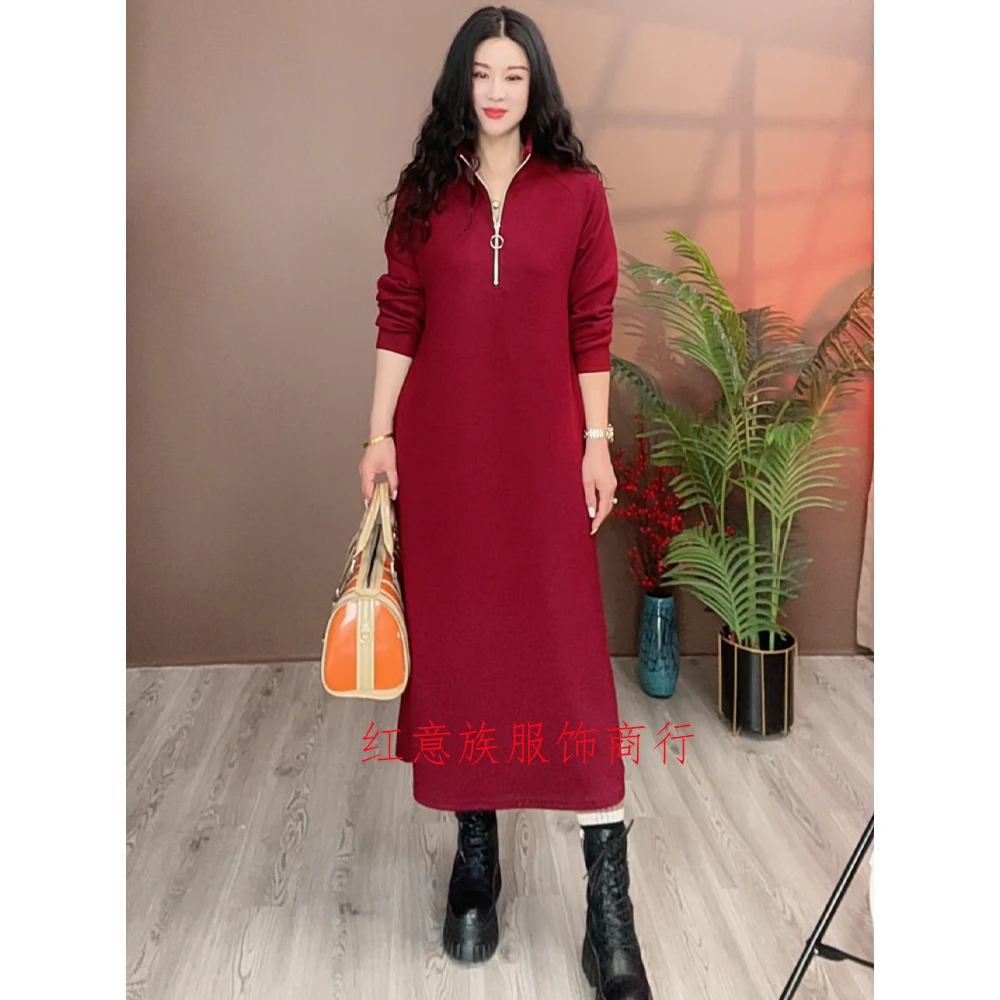 新款时尚显瘦宽松长袖中长款气质轻职风连衣裙宽松腰500