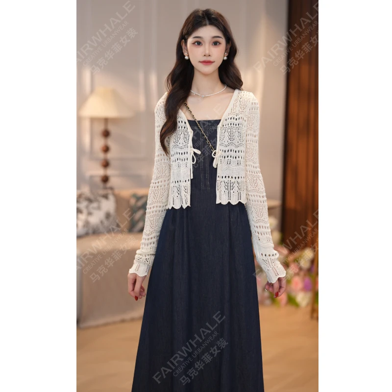 马克华菲女装镂空小衫渐变牛仔吊带裙套装 F43028A021 N