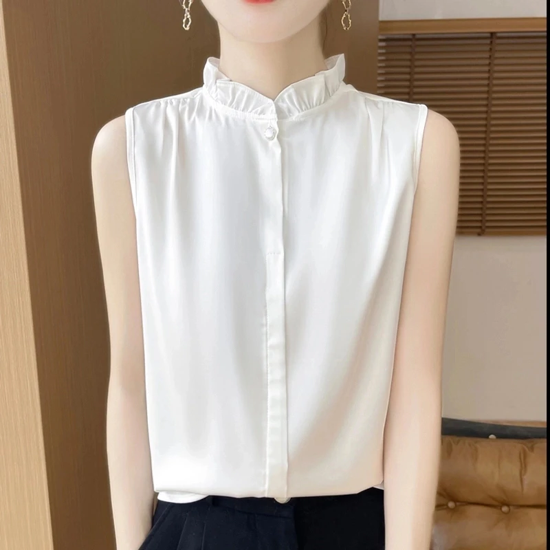 1000丝缎面无袖夏衬衫女中式花苞领吊带内搭木耳边