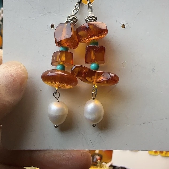 琥珀银S925镶嵌耳饰