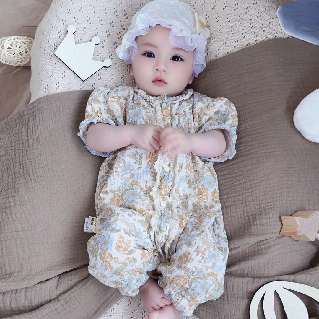 婴幼儿夏季连体衣小公主碎花爬服新生女宝宝百天周岁衣服