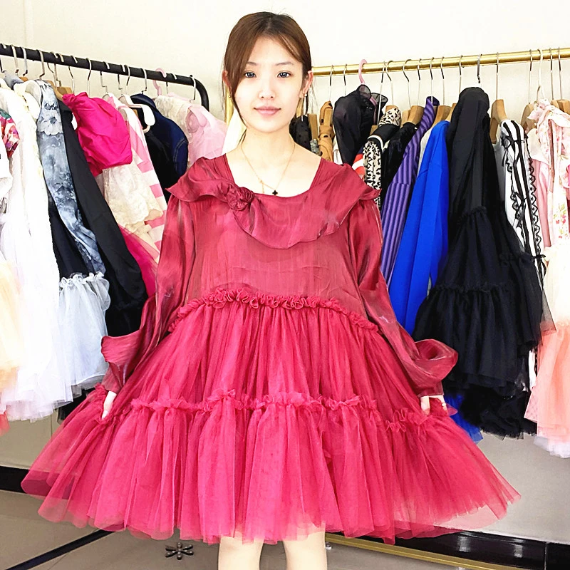 设计师款春夏网纱拼接连衣裙女款洋气重工蓬蓬裙漂亮别致纯色小衫