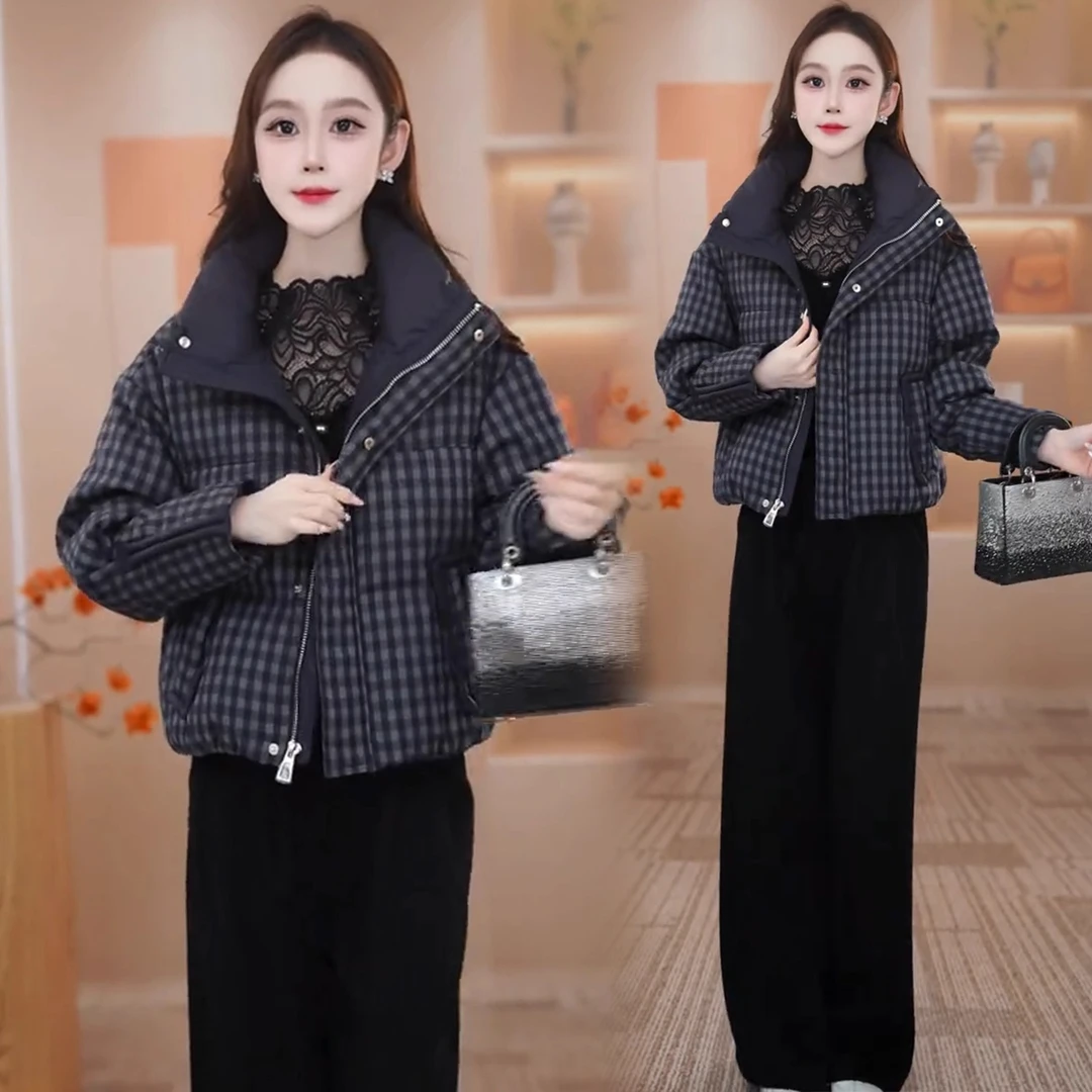 时尚格纹短款时髦棉服女冬季新款洋气立领加厚保暖休闲棉衣外套潮