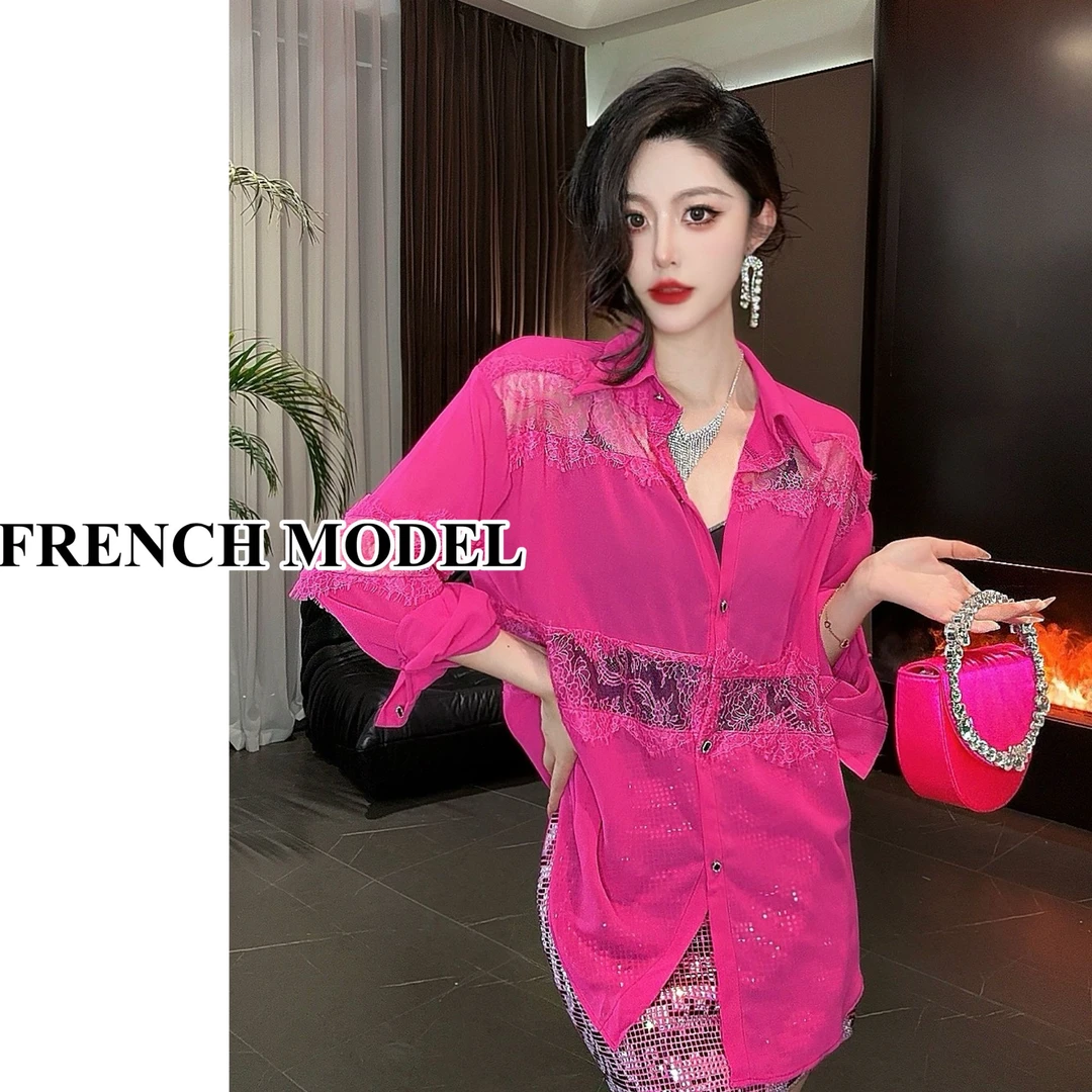 法模FRENCH MODEL,YY 2025春季设计师蕾丝拼接长袖衬衫 90270071