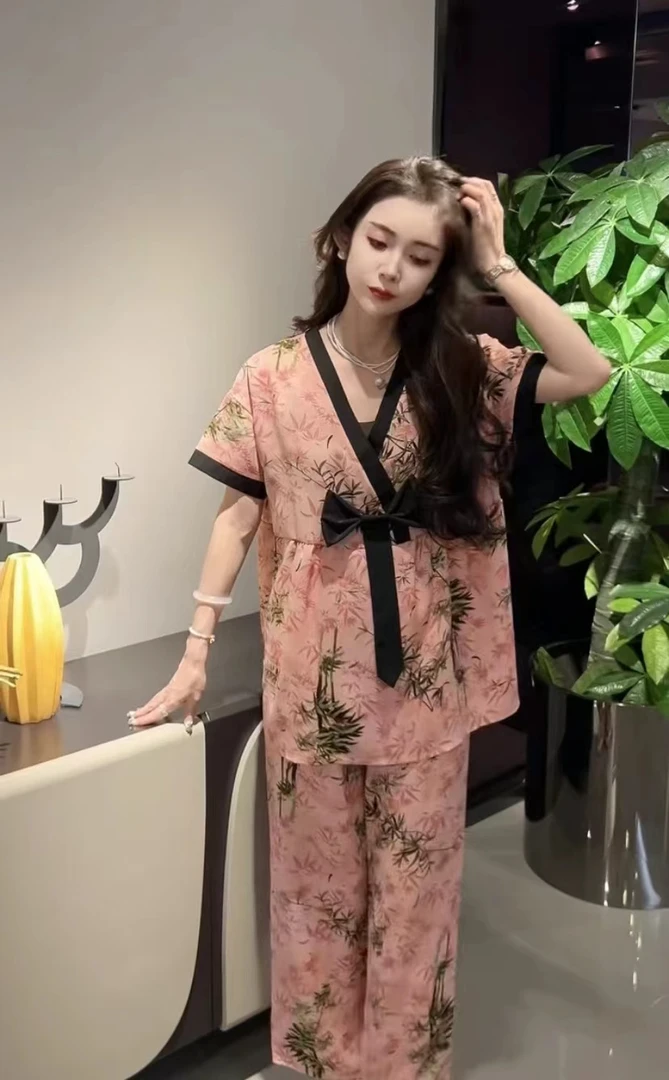 25新款短袖睡衣套装蝴蝶结减龄碎花气质时尚显瘦洋气宽松家居服