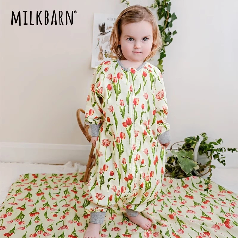 Milkbarn2025春夏新品婴儿长袖分腿睡袋儿童宝宝防踢被子四季通用
