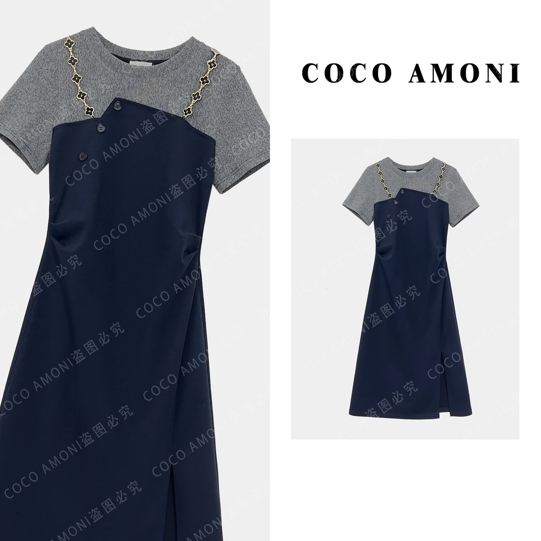 [曼姐]爆款双肩设计女装拼接假两件收腰显瘦气质连衣裙ZQ950