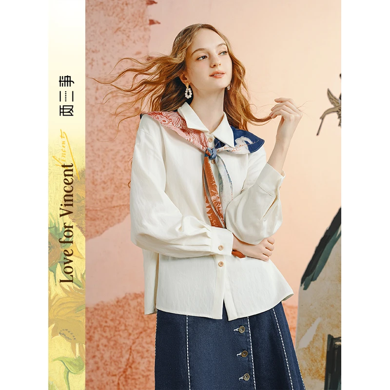 【芋总专属】两三事梵高文艺云彩垂霓可拆印花领巾刺绣长袖衬衫