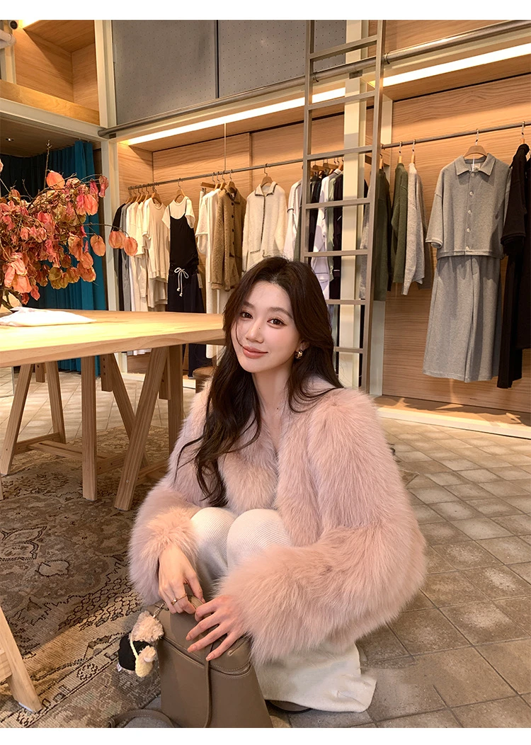 2024新款V领百搭小香风短款秋冬毛毛外套