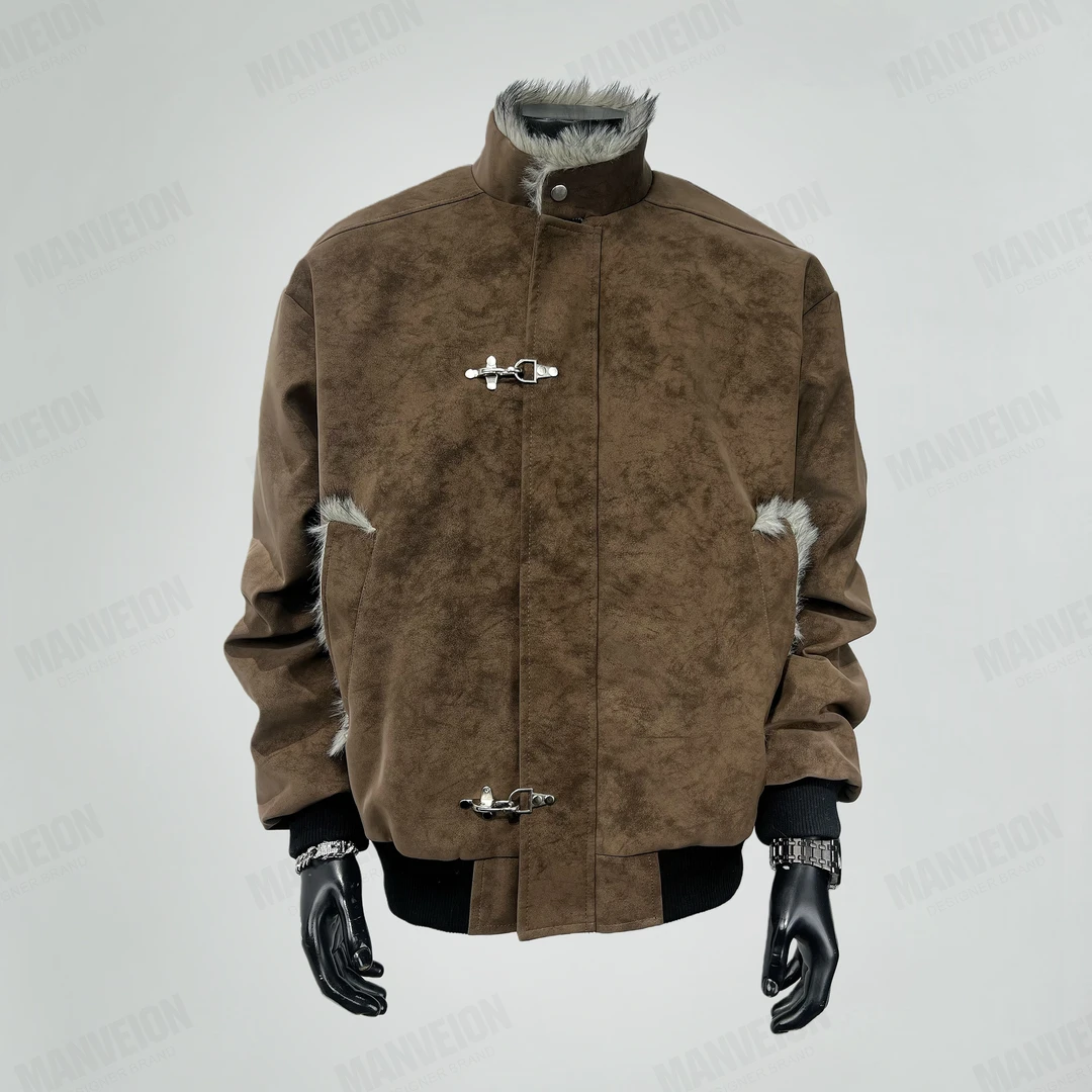 MANVEION“马年龙虾扣”立领加绒加厚PU皮座山雕外套保暖棉服