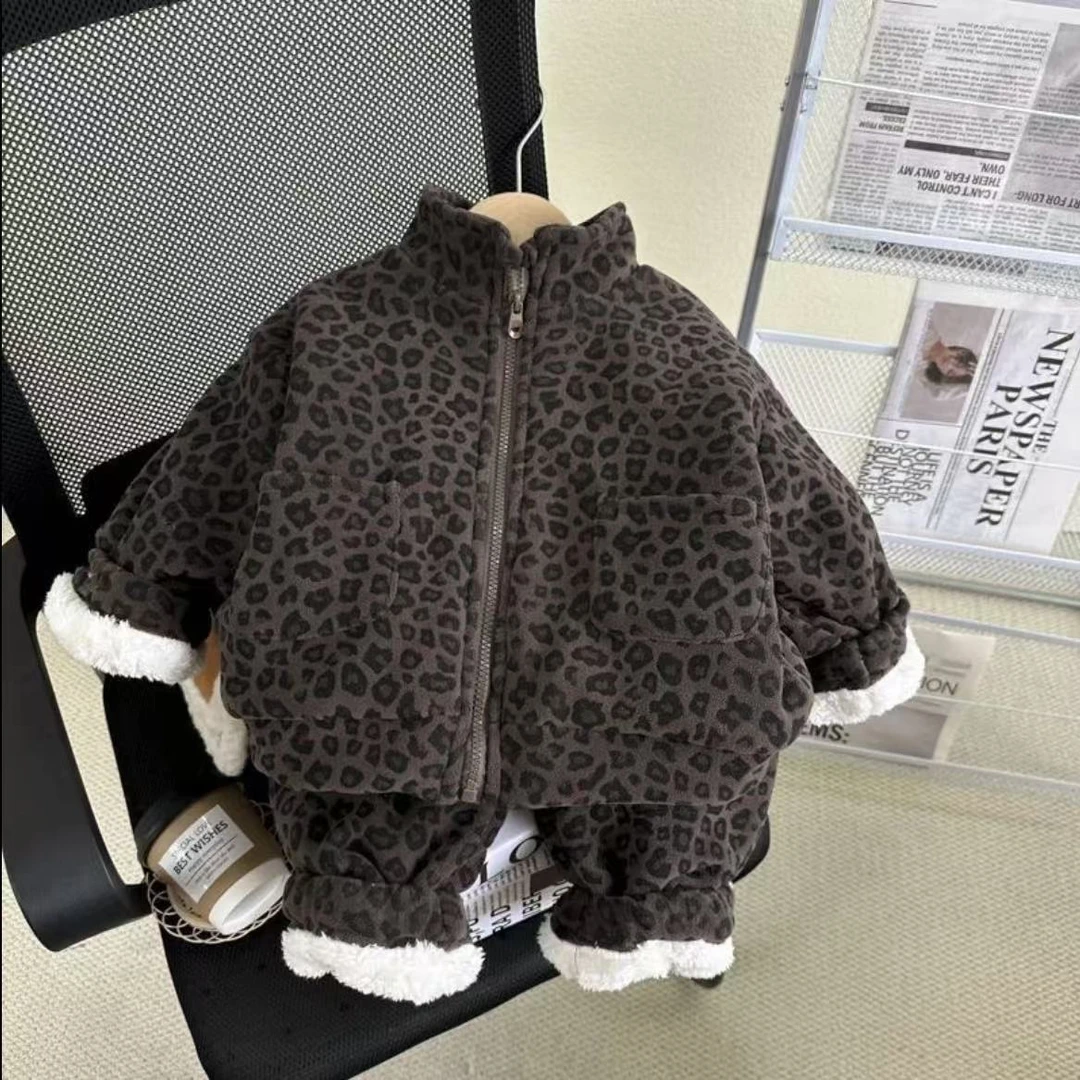 【上衣有口袋】男女童冬季加绒套装冬季棉服加厚豹纹保暖三层夹棉厚