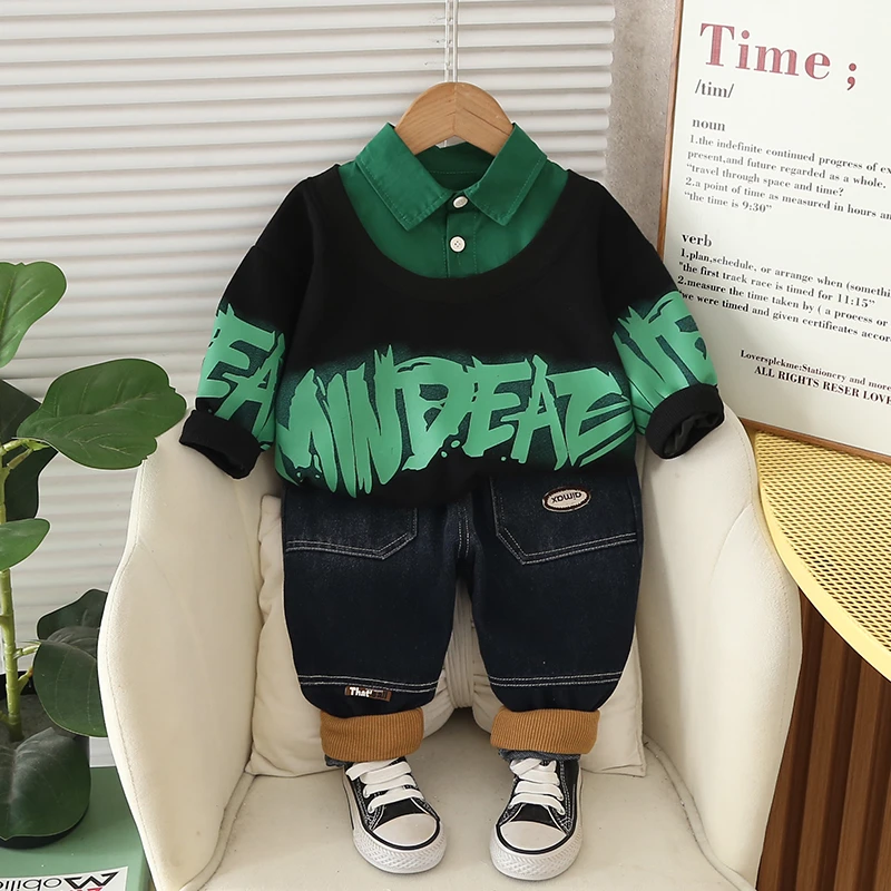 男童春装2025新款套装儿童卫衣假两件套女童洋气衣服运动休闲衣服