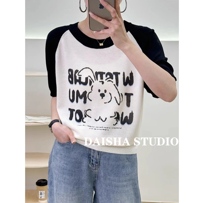 【字母兔子】春夏新款学院风减龄百搭短袖针织T恤衫女显瘦薄款上衣