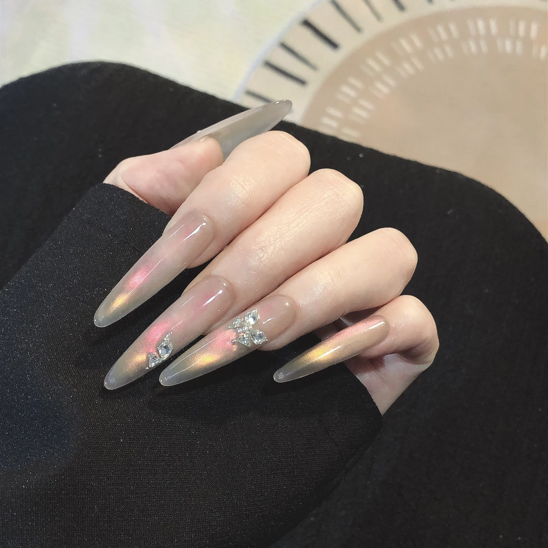 别管/中长款短款猫眼拼钻蝴蝶纯手工穿戴东洲水晶钻美甲高级感