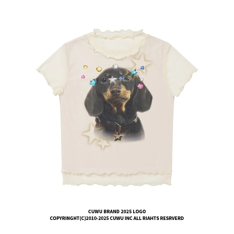 cuwu卡通涂鸦假两件正肩微透短袖T恤女夏季修身显瘦网纱辣妹上衣