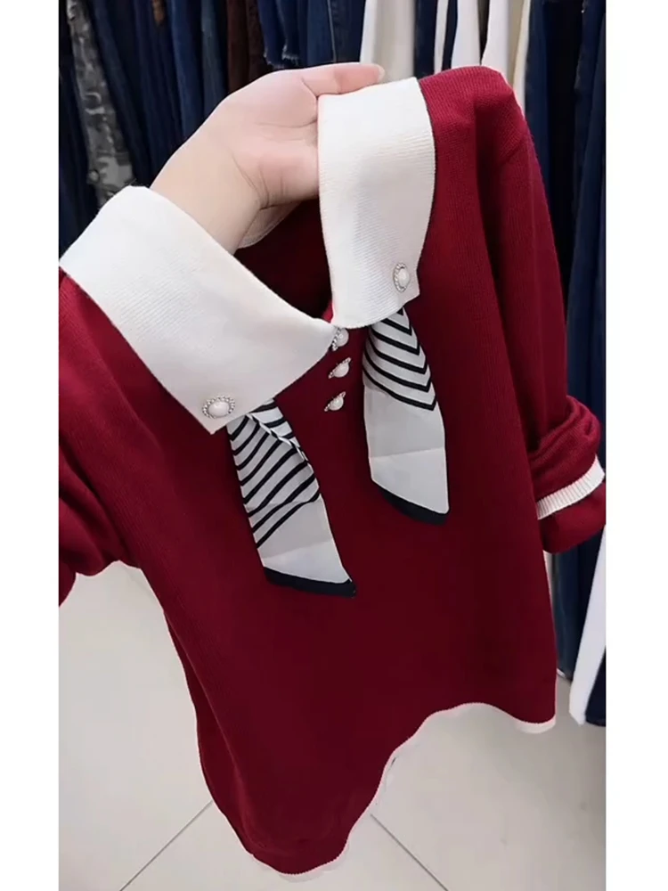 设计感韩系翻领绑带长袖针织衫女2025年秋季新款百搭气质套头上衣