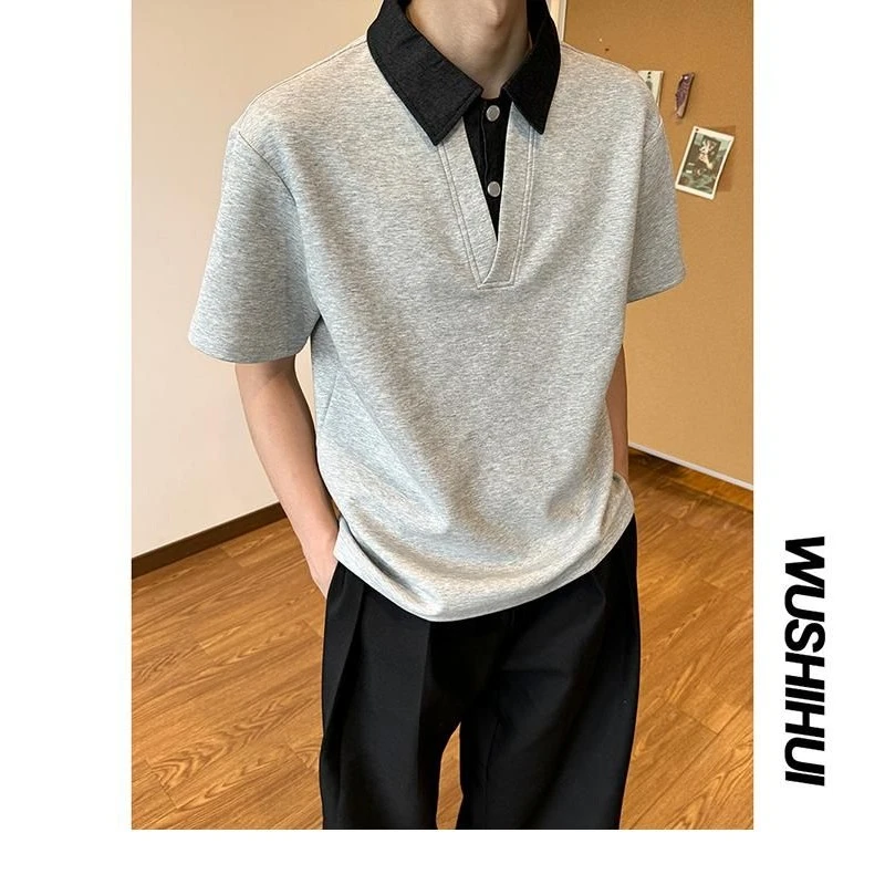 白色假两件polo衫短袖男夏季痞帅高级感翻领衬衫美式正肩半袖t恤