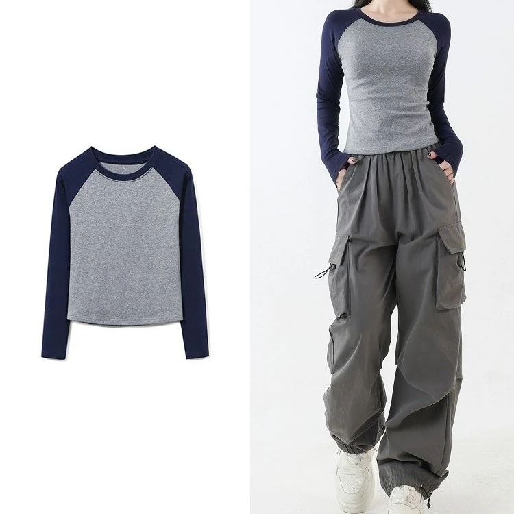 复古拼色插肩长袖t恤女短款修身打底衫上衣秋