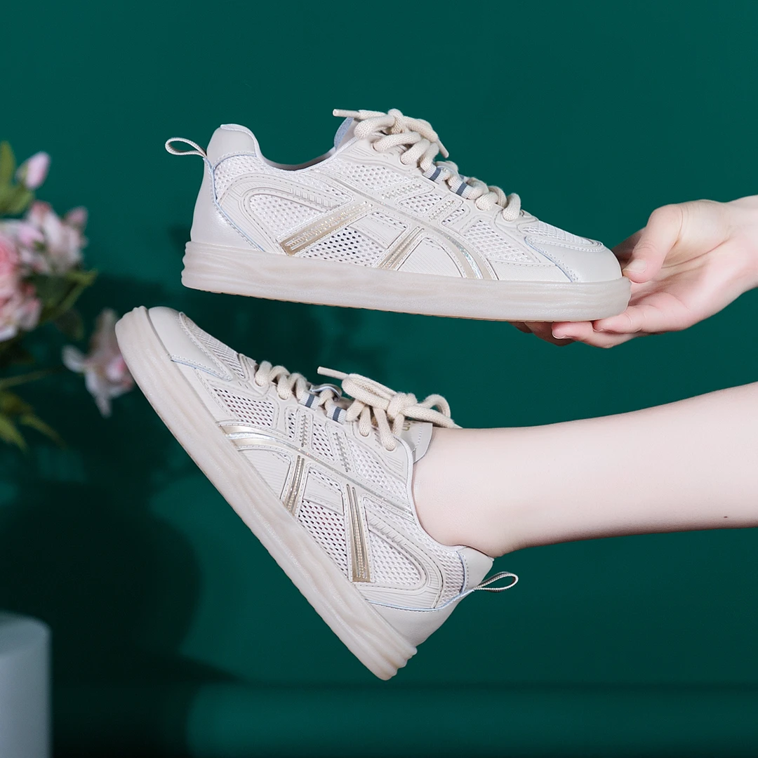 真皮小白鞋女鞋夏季网鞋透气薄款2025新款镂空网面软底运动休闲鞋