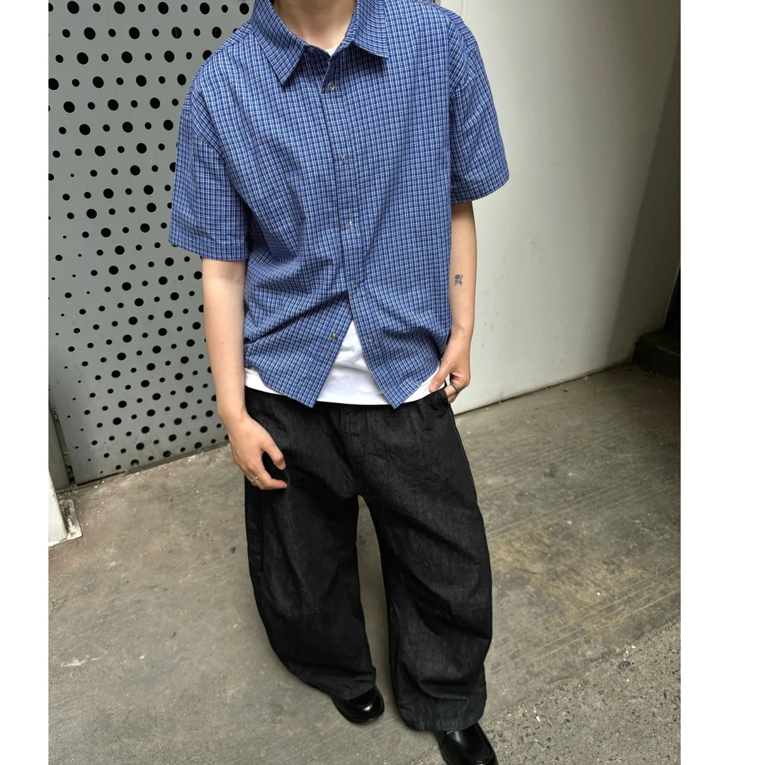 夏季手工收褶皇室蓝格子短袖衬衫男cleanfit立体短宽抽绳t恤miu系