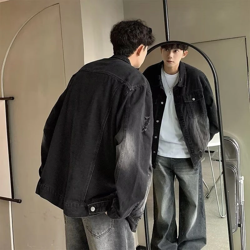 春秋季美式复古牛仔外套男韩版潮流破洞港风高街休闲帅气痞帅夹克