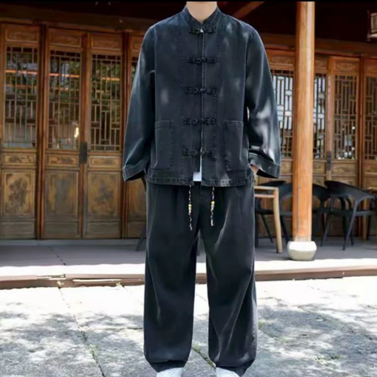 爸爸装 国风复古套装男士中国风春秋宽松透气水洗牛仔二件套男装
