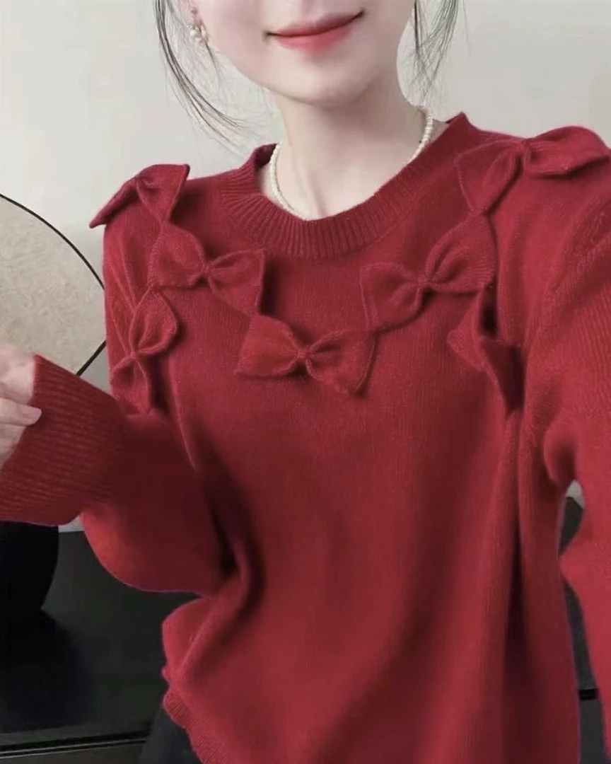 新疆包邮“红锦蝶依”MY6022#衣长55 红色蝴蝶结红毛衣