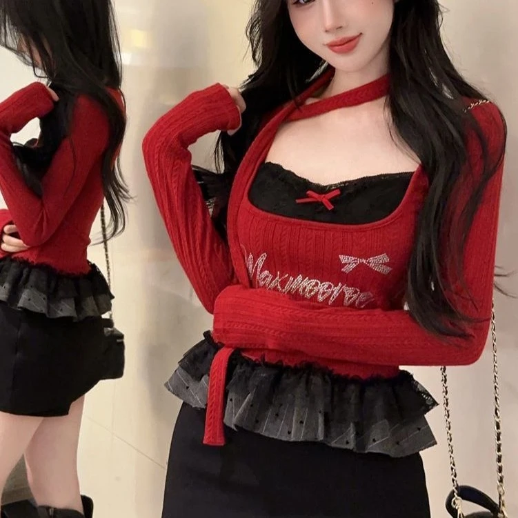秋冬美式辣妹方领蕾丝挂脖长袖打底衫女设计感超好看修身短款上衣