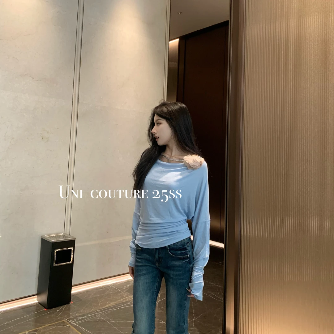 Uni｜25ss 小众设计手工花朵链条baby蓝长袖上衣