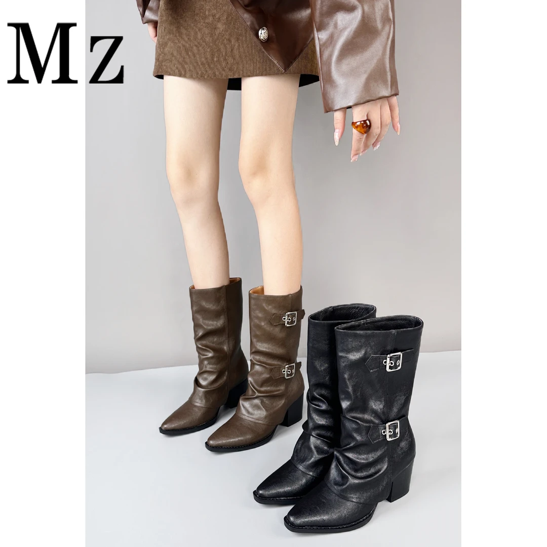 Mr.Zheng/6.5cm/裤管靴尖头粗跟高跟尖头中筒靴皮带扣堆堆靴女