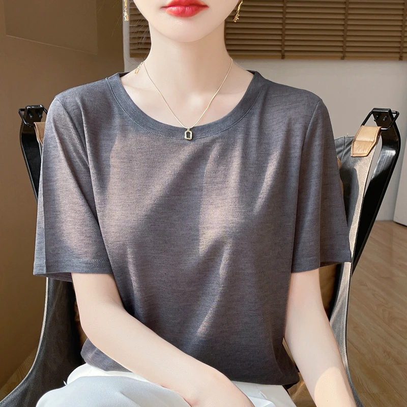 【退货补运费】莱赛尔面膜t恤女圆领夏季纯色宽松显瘦短袖百搭韩版