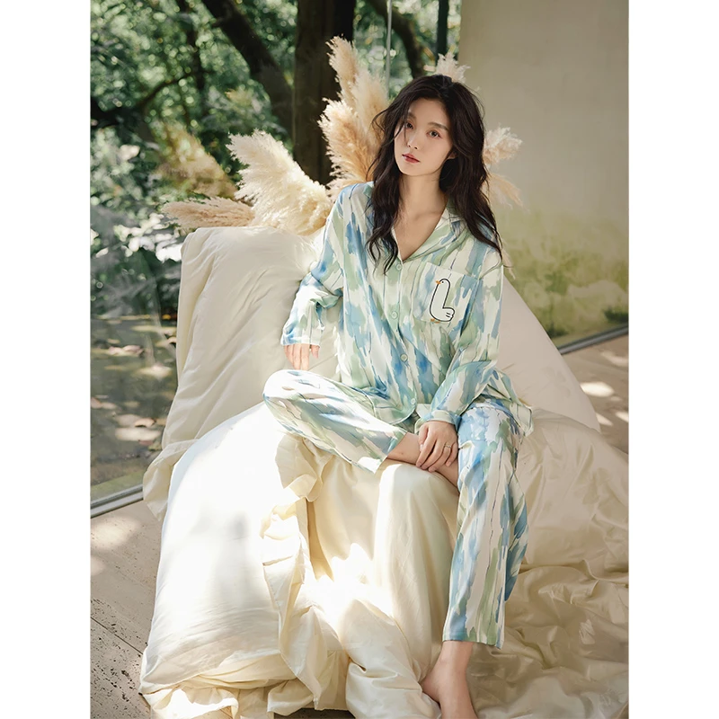 冰雪丝睡衣女春秋季冰丝长袖可外穿简约印花宽松超柔软家居服套装