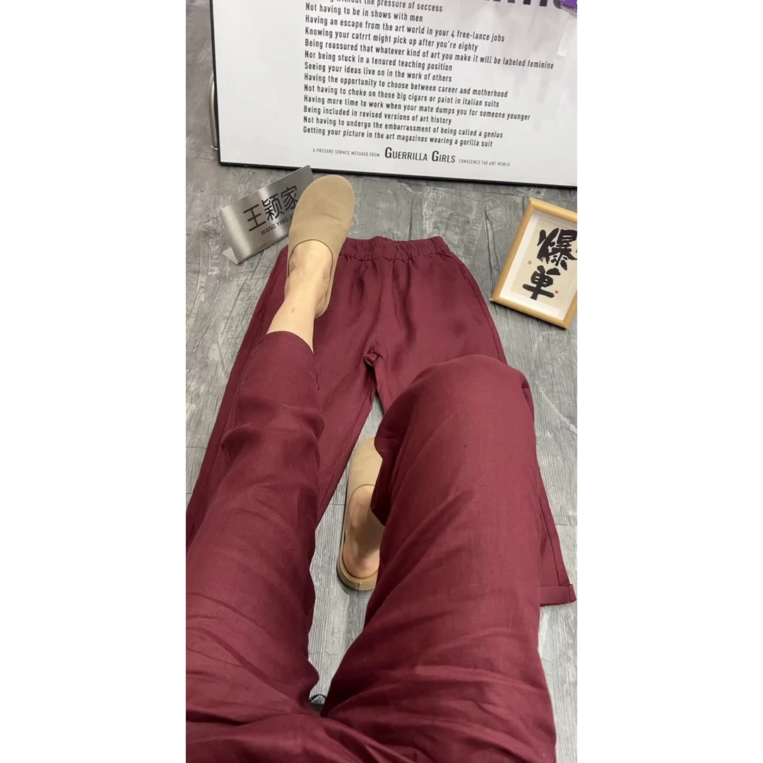 2025夏季新款高腰显瘦大码阔腿显瘦红色亚麻八分裤