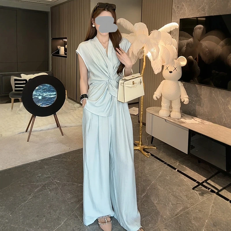 简约设计感套装女夏季扭结无袖上衣一整套ootd穿搭新款休闲直筒裤
