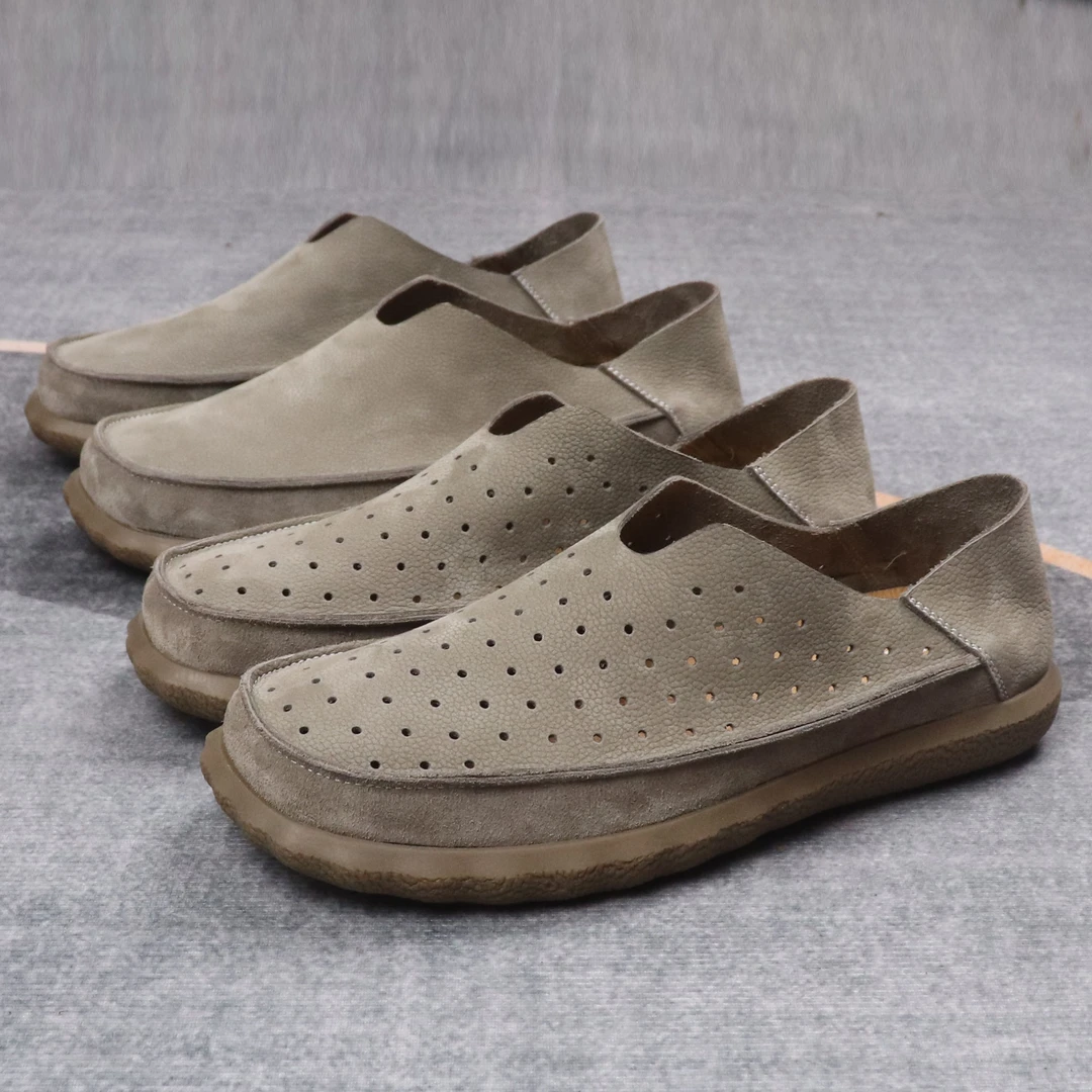 夏季透气休闲皮鞋男士一脚蹬头层牛皮男鞋防滑耐磨时尚百搭单鞋