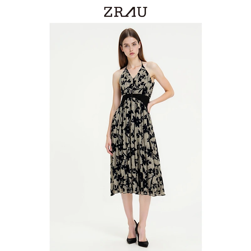【高高甄选】ZRAU法式复古挂脖V领收腰印花连衣裙Z1242L0084