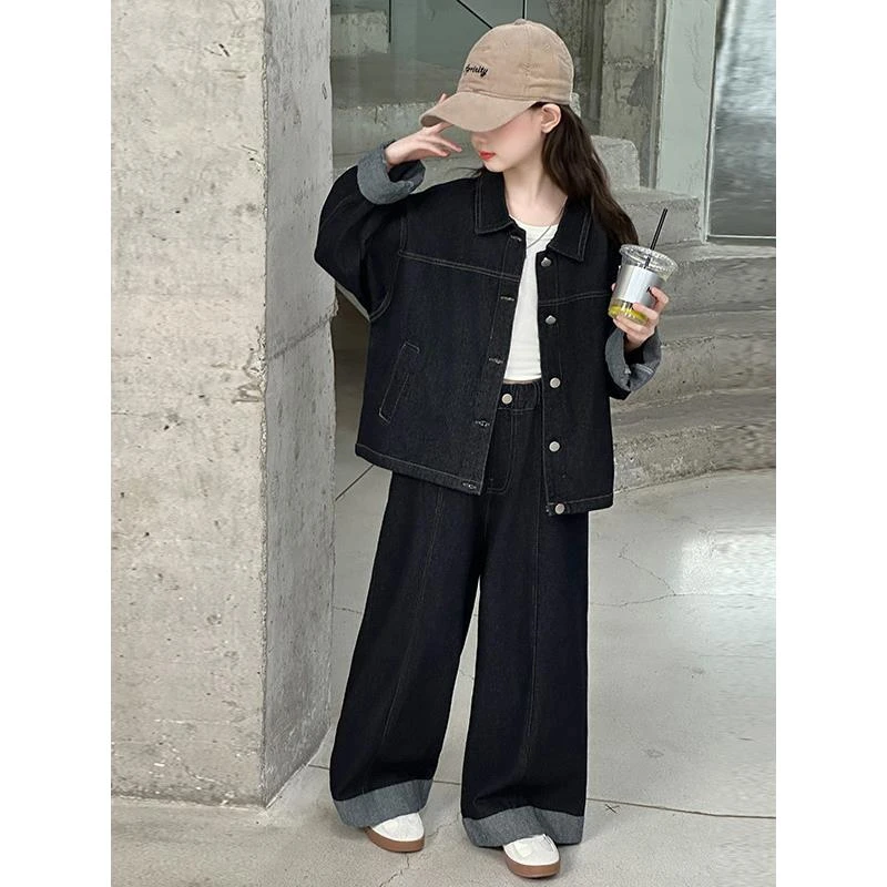 女童牛仔衬衫套装春秋款2025新款儿童洋气时髦早秋韩系女大童秋装