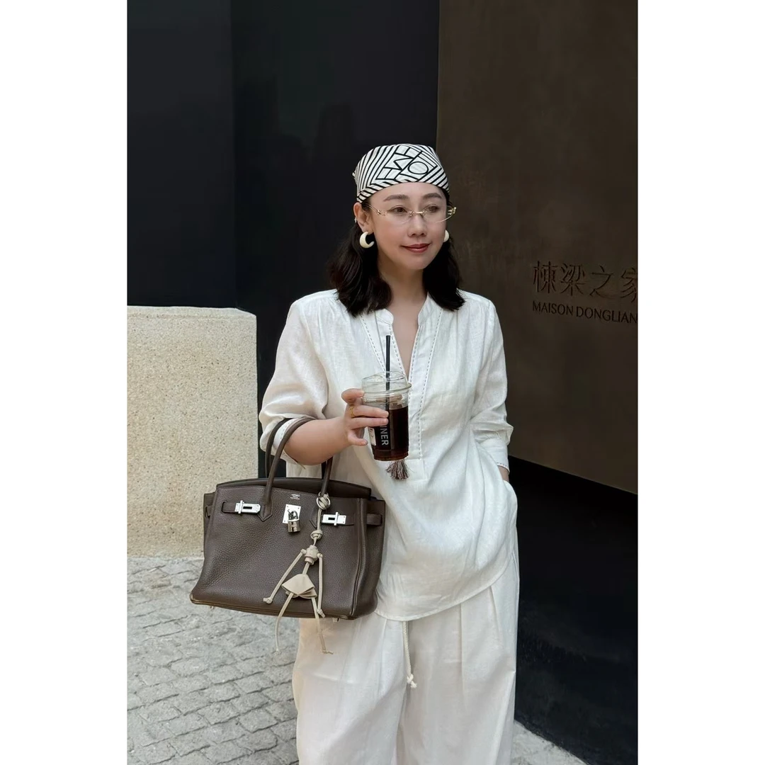 萱萱视频款衬衫！100亚麻有质感V领衬衫（MH258709#）棉花糖