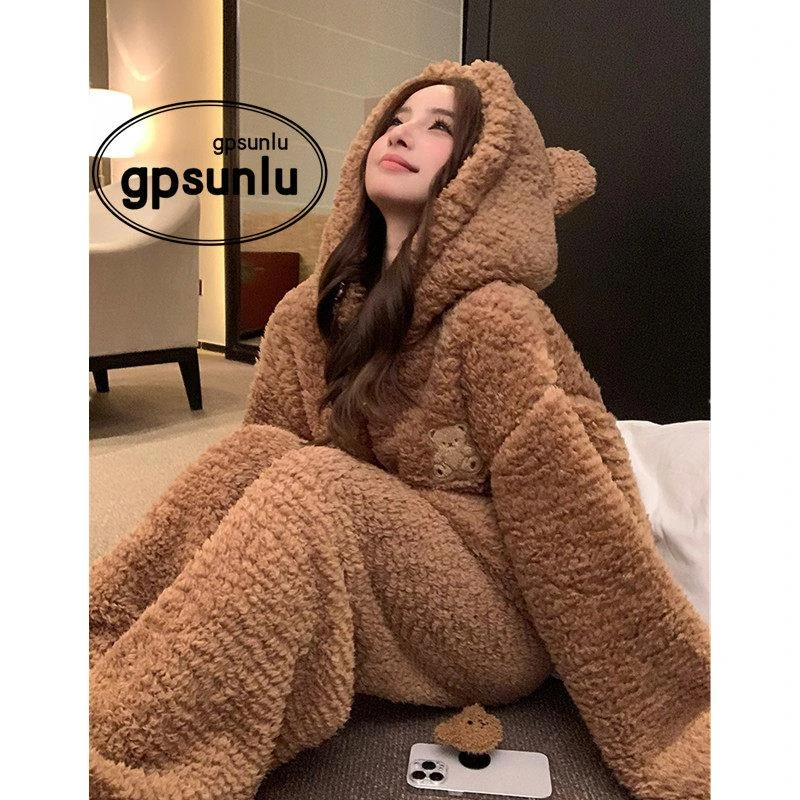 日本GP小熊连帽珊瑚绒睡衣女秋冬季卡通可爱加厚毛连帽家居服套装