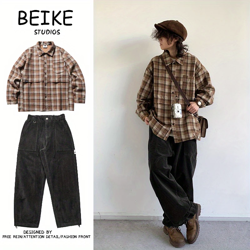 两件装/单件春秋日系复古休闲长袖格子ins宽松衬衫百搭时尚衬衣潮