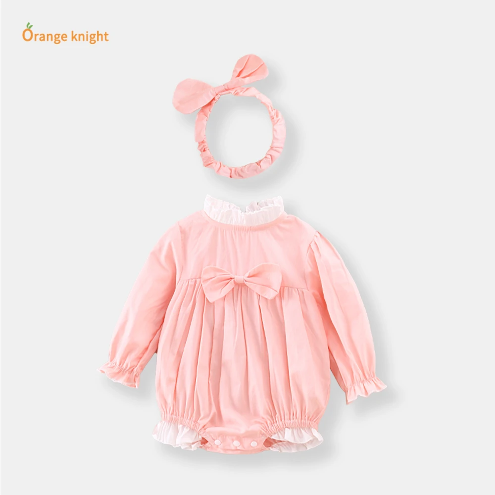 小月龄女宝宝长袖春季衣服甜美洋气蝴蝶结公主花边领婴儿包屁哈衣