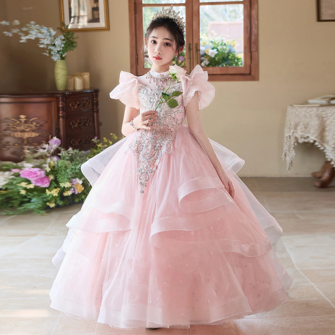 粉色女童绝美礼服公主裙女孩高端轻奢小众主持人儿童钢琴演奏演出