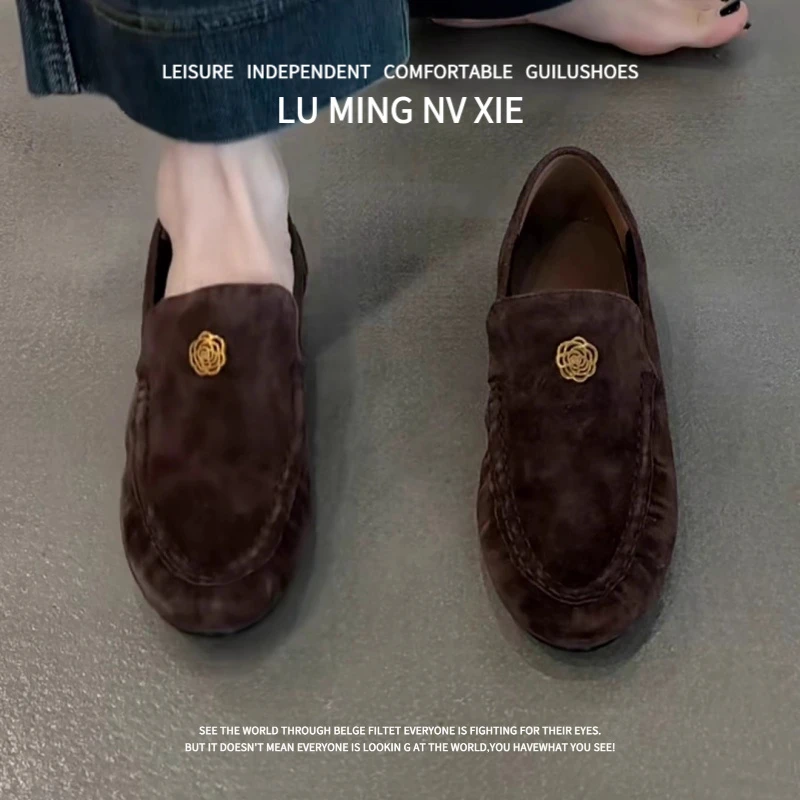 羊皮版~复古设计金属山茶花乐福鞋单鞋女2025新款百搭浅口小皮鞋