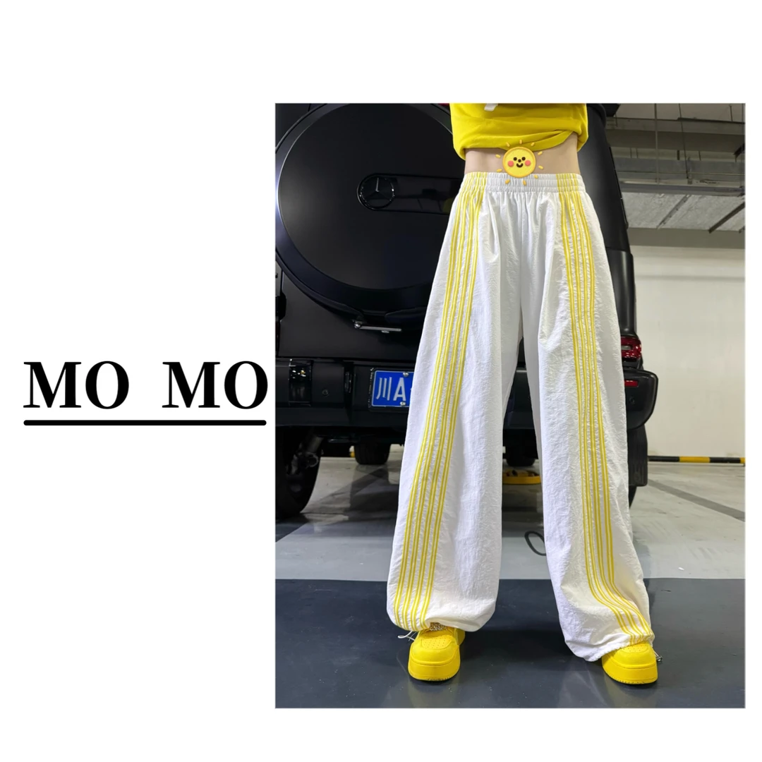 MOMO 【梨泰院】2025新款美式条纹复古抽绳宽松休闲阔腿束脚裤女
