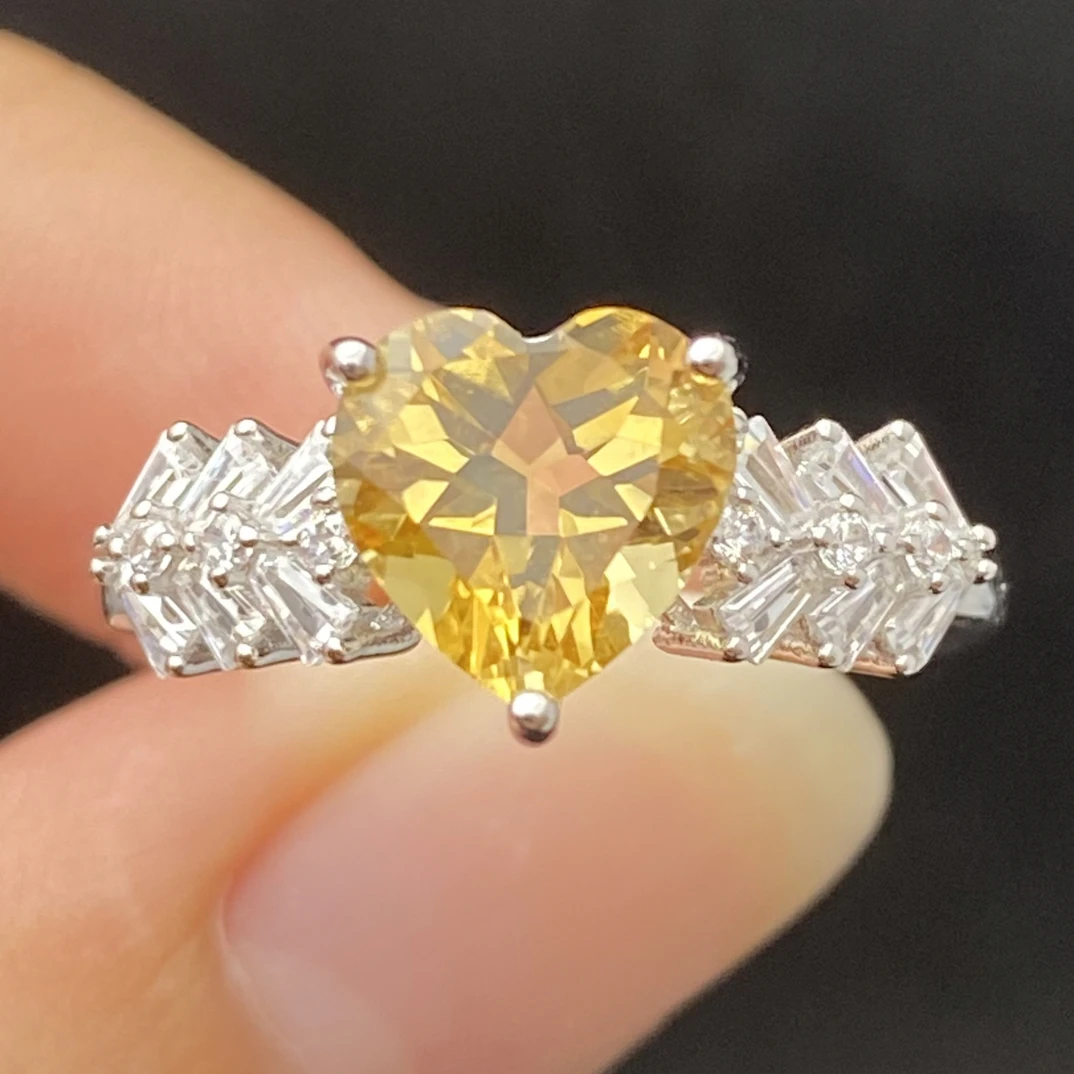 爱心天然黄水晶戒指s925银9*9mm高级轻奢精致优雅气质时尚百搭Y2