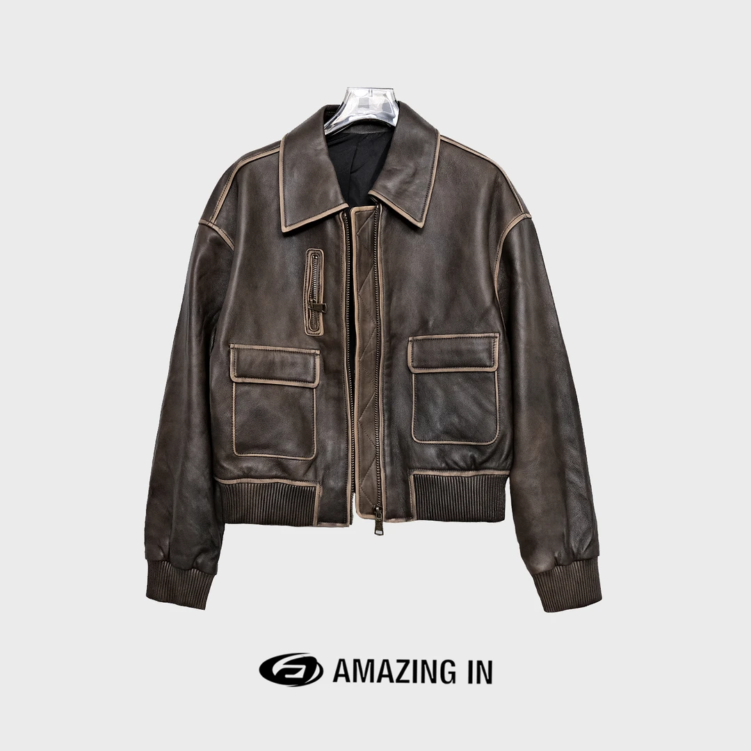 AMAZING IN 秋冬复古廓形翻领擦色皮衣短外套女A231102-QPZLP829