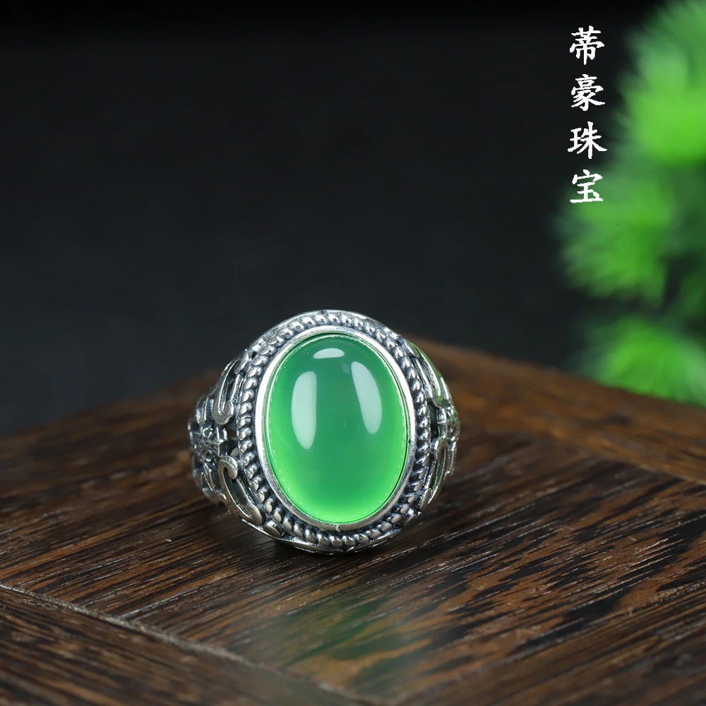 天然玉髓帝王绿戒指s925银镶嵌