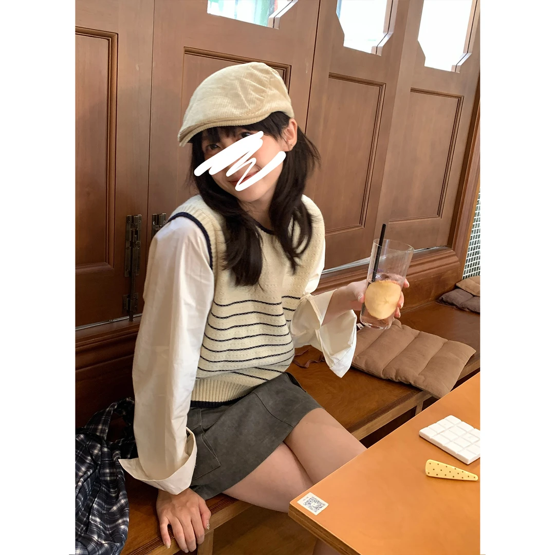 NIDEBLACK韩系少女假两件条纹针织背心拼接衬衫宽松百搭圆领上衣